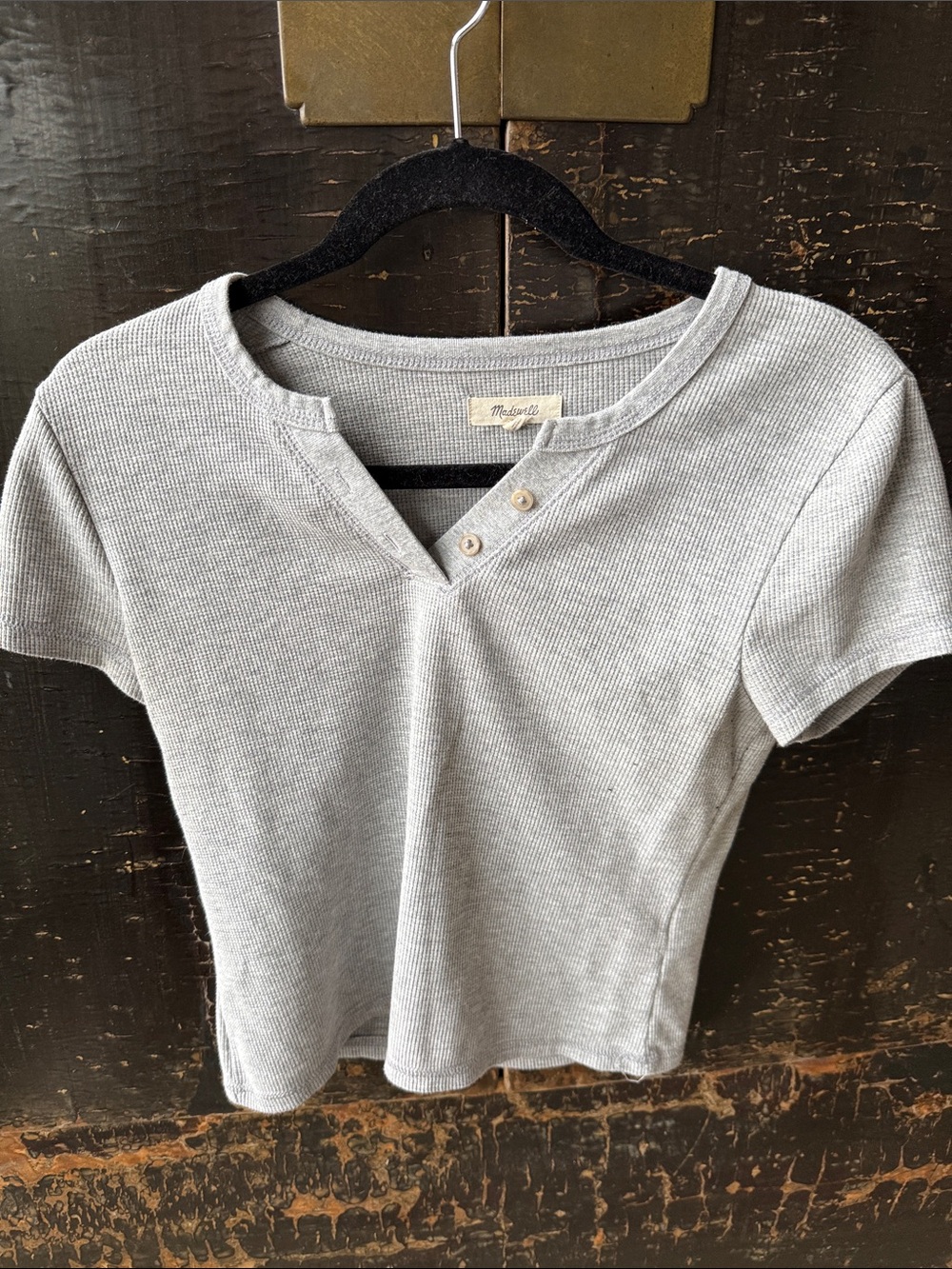 Madewell Light Gray Ribbed Short Sleeve Henley Crop Top